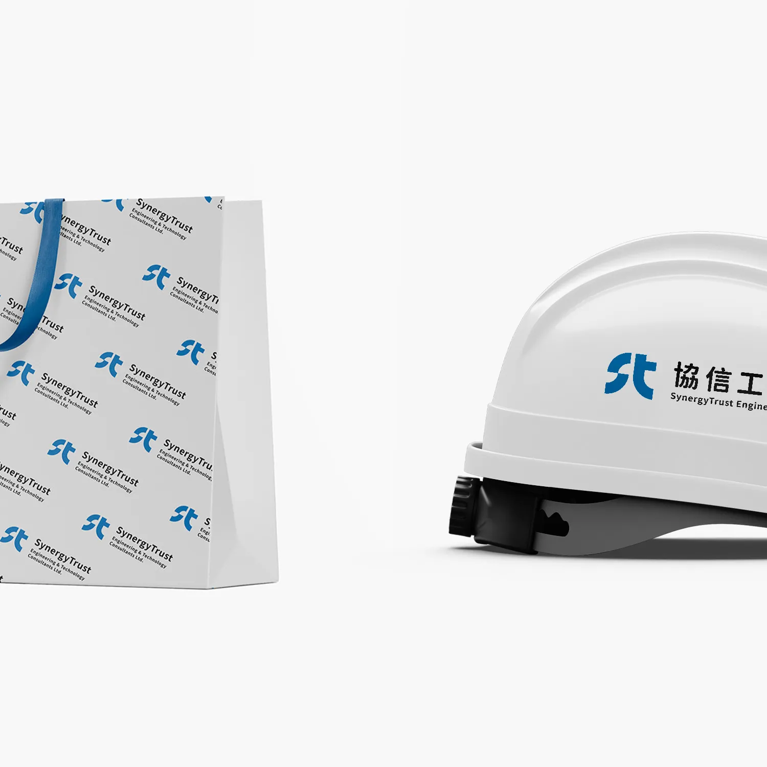 協信品牌提袋與白色安全帽